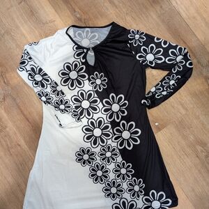 Asymmetrical Black and White Raglan Sleeve Dress